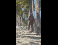 Man briefs touch crotch lean tree beach