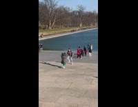Guy checkered shirt dance Lincoln memorial couple