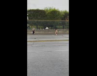 Girl brown dress jump shot street fence