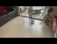 Toddler uses hands to knock over water bottles