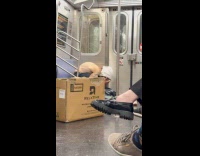 Random shirtless guy brings stuff inside train