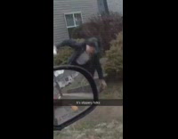 guy in backwards cap runs out of house slips on falls on icee stairs