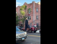 Person walks in stilts on the street