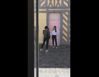 Girl white blouse different pose pink door