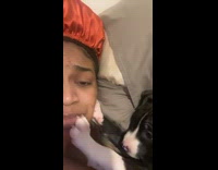 Puppy mad puts paws on woman face