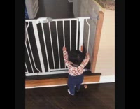 Little baby tries to open white gate