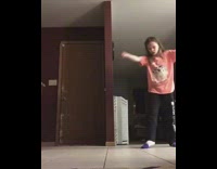 Girl blue balloon sucks in helium falls backwards