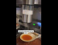 Girl has dad try spoon of soup full of salt 