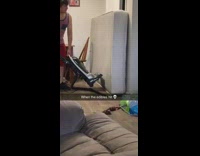 Guy red shorts vacuums bed mattress vertically, when the edibles hit