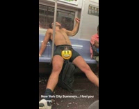 Man in green boxers sits on subway seat with legs spread out, cowboy emoji covers his crotch