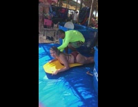 Girl bikini blue slide lake 