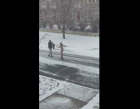 Woman referee bikini rollerblades dance snow yard