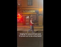 Women sings krusty krab pizza to boy band