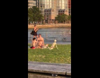 Man at park wearing thong posing with fake skeleton pt. 2