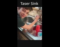 Kid test taser device on sink handle