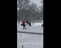 Central park covered in snow and guy skis by