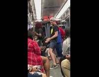 Woman twerks and grinds on guy in subway train, then gropes his groin