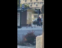 Black shorts guy punches air boxes sidewalk 
