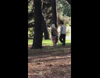 Two men stick puppet march walk forest