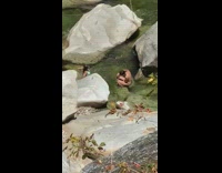 Woman blue bikini sit swim river rocks photo shoot