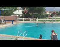 Boy on the springboard flops its body to the pool