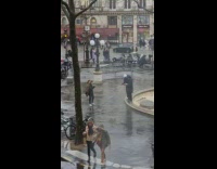 Three men on the rainy park fountain dance 