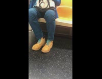 Guy brown timberland boots blue shoelaces subway 