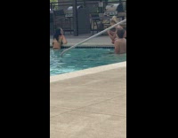 Black bikini girl in pool grill gazebo 