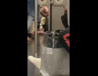 Girl bends down white duck leash subway 