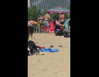 Blue bikini girl beach sand red tent