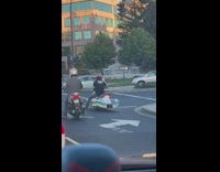 Guy rides jet ski on wheels 