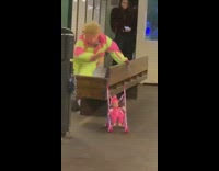 person with donald trump costume head