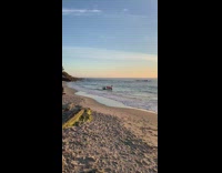 Friends push inflatable unicorn float into ocean 