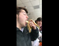 Green Sweater Guy DeepThroats banana at Table