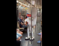 Collab Subway Creatures - Happy dad seltzer can mascot inside train