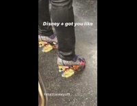 Woman wears Bambi high heels on subway train