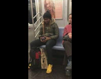 Collab Subway Creatures - Woman eats purple cabbage with mustard on subway train