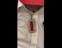 Collab WINY - Necklace with digital text pickup line worn by man with white shirt