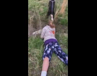 black dog leash drag girl grass