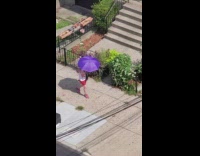 Purple umbrella lady sings walks sidewalk neighborhood 