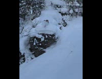 Pt. 2., second view, Guy skis down steep mountain and face plants into snow, helmet Go pro camera