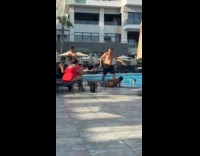 Collab IITW - Man pose ride friend like surfboard pool