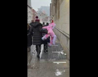 Girl carries unicorn toy while its snowing 