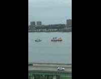 Half bird half human artwork is pulled in river 