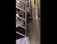 Collab Subway Creatures - Barefoot guy bends over seat and picks at toes on subway train