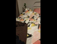 Grey cat moves under white blanket bedroom 