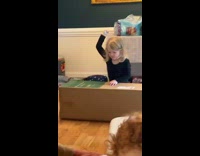 Little girl stabbing cardboard box 