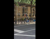 Shirtless man do shoulder press on rental bike