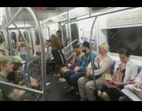 Collab Subway Creatures - Shirtless guy dances by subway door 