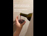 Husband refill wine of woman in shower